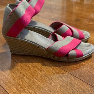Wedge Sandals with Pink and Taupe Striped Elastic Bands
